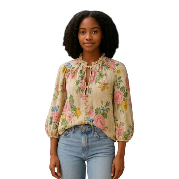 Auguste Womens 4 Floral Blouse Cream Pink Boho Chic Romantic Cottagecore Top - Picture 1 of 11